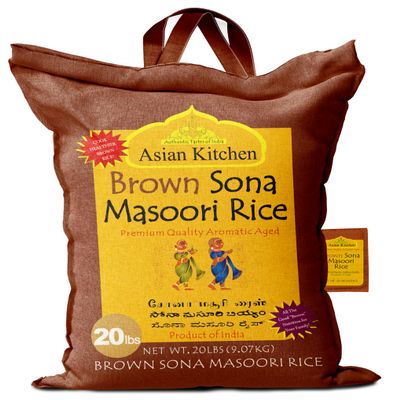 Asian Kitchen Brown Sona Masoori Aged Rice 20-Pound Bag, 20lbs (9.08kg) Short Grain Rice ~ All Natural | Gluten Friendly | Vegan | Indian Origin | Export Quality