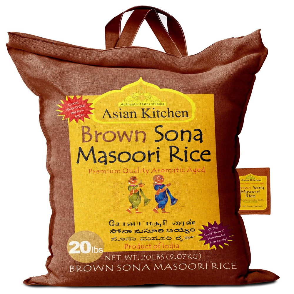 Asian Kitchen Brown Sona Masoori Aged Rice 20-Pound Bag, 20lbs (9.08kg) Short Grain Rice ~ All Natural | Gluten Friendly | Vegan | Indian Origin | Export Quality