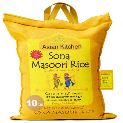 Asian Kitchen White Sona Masoori Aged Rice 10-Pound Bag, 10lbs (4.54kg) Short Grain Rice ~ All Natural | Gluten Friendly | Vegan | Indian Origin | Export Quality