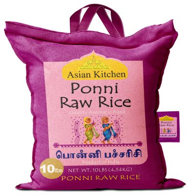 Asian Kitchen Ponni Raw Rice 10-Pound Bag, 10lbs (4.54kg) Short Grain Rice ~ All Natural | Gluten Friendly | Vegan | Indian Origin | Export Quality