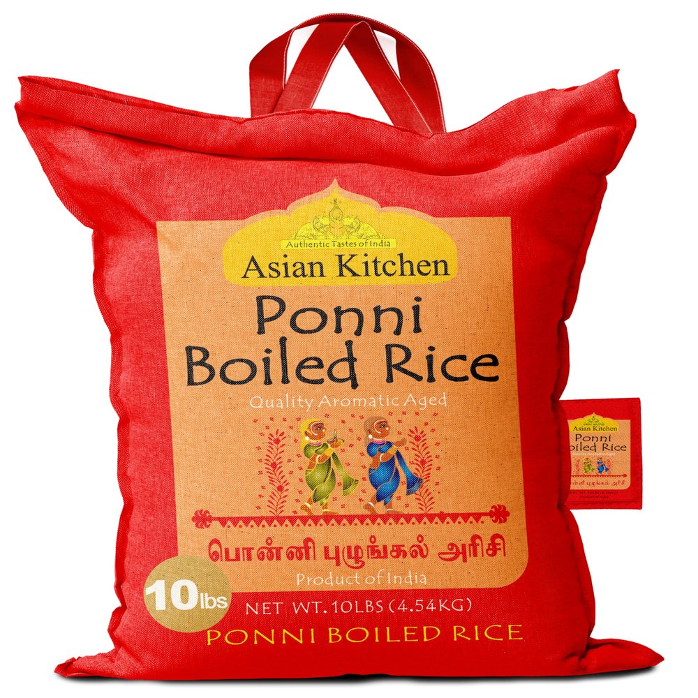 Asian Kitchen Ponni Boiled Rice 10-Pound Bag, 10lbs (4.54kg) Short Grain Par Boiled Rice ~ All Natural | Gluten Friendly | Vegan | Kosher | Indian Origin | Export Quality