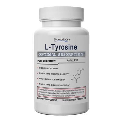Superior Labs L-Tyrosine 500 mg, Pure Non-GMO Nootropic Amino Acid, High Absorption, Mood & Focus Support, Stress Relief, Cognitive & Mental Clarity, Thyroid & Alertness Support,120 Veg Caps