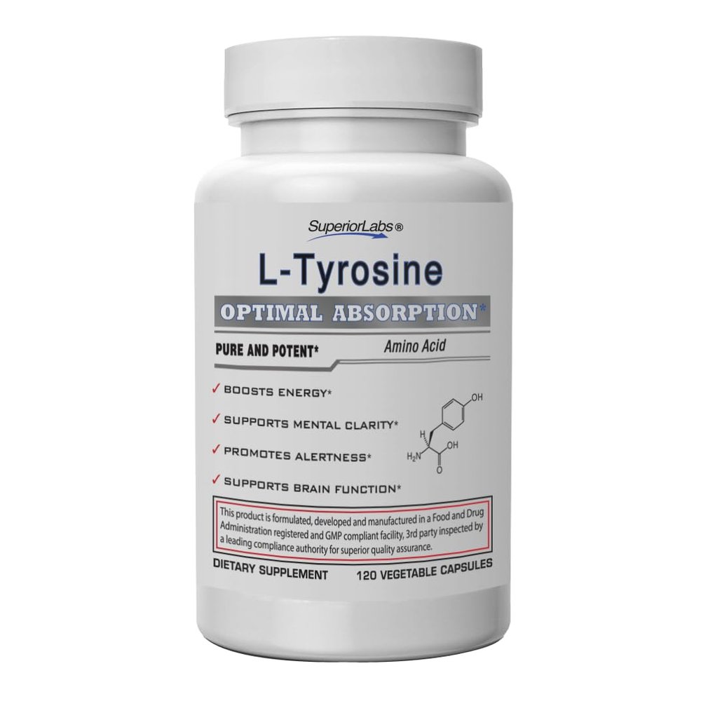 Superior Labs L-Tyrosine 500 mg, Pure Non-GMO Nootropic Amino Acid, High Absorption, Mood & Focus Support, Stress Relief, Cognitive & Mental Clarity, Thyroid & Alertness Support,120 Veg Caps