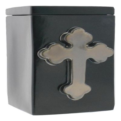 Black Satin with Metallic Cross - Cross Funeral Urn - Cremation Urn for Human Ashes - Hand Made Pottery