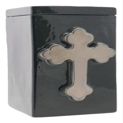 Black Gloss with Metallic Cross - Cross Funeral Urn - Cremation Urn for Human Ashes - Hand Made Pottery