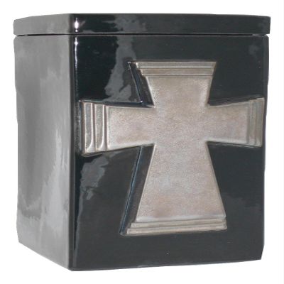 Black Gloss with Metallic Cross - Cross Funeral Urn - Cremation Urn for Human Ashes - Hand Made Pottery