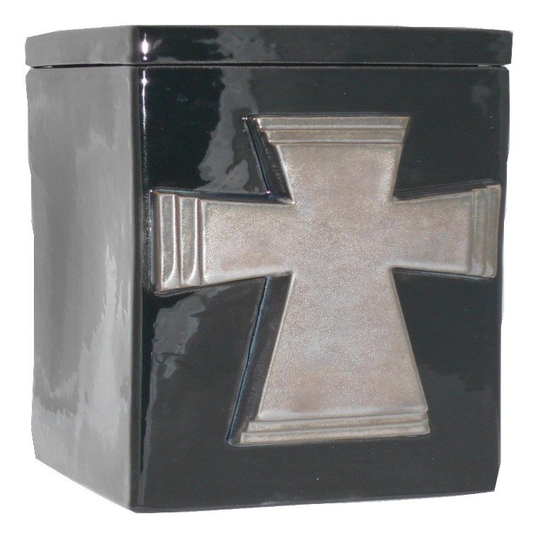 Black Gloss with Metallic Cross - Cross Funeral Urn - Cremation Urn for Human Ashes - Hand Made Pottery