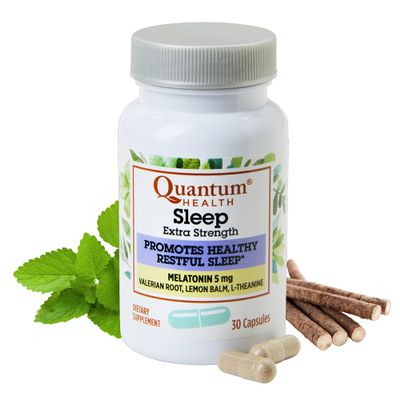 Quantum Health Extra Strength Sleep Melatonin 5mg Healthy Restful Sleep Support with Relaxing Valerian Root & L Theanine Daily Mind & Body Well Being for Women & Men - 30 Capsules