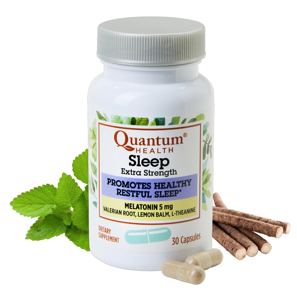 Quantum Health Extra Strength Sleep Melatonin 5mg Healthy Restful Sleep Support with Relaxing Valerian Root & L Theanine Daily Mind & Body Well Being for Women & Men - 30 Capsules