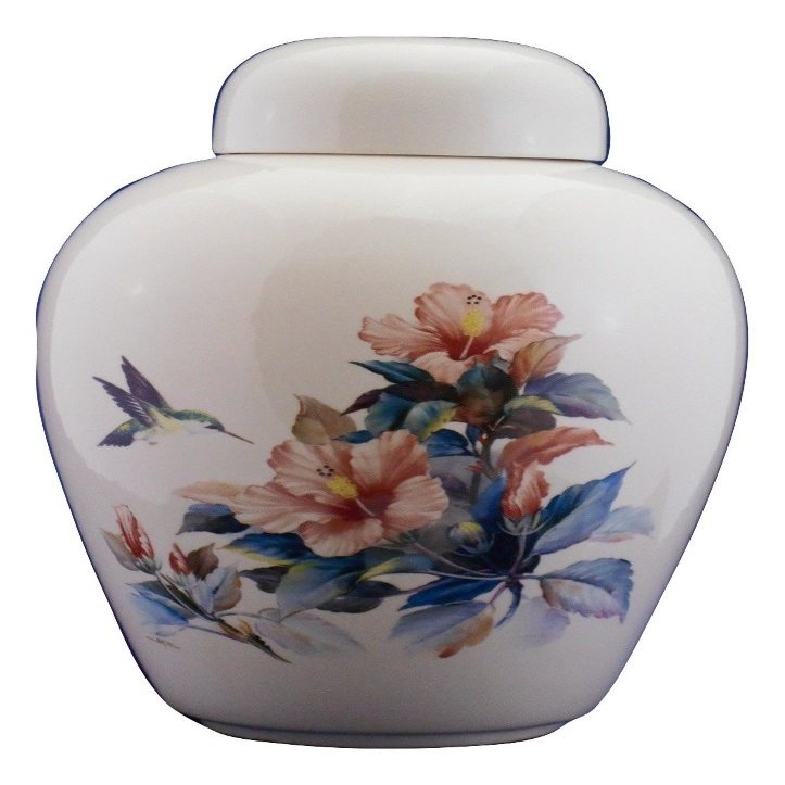 Hummingbird with Hisbicus- Floral Funeral Urn - Cremation Urn for Human Ashes - Hand Made Pottery