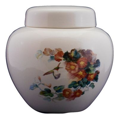 Hummingbird with Orange Trumpet Vine - Flower Funeral Urn - Cremation Urn for Human Ashes - Hand Made Pottery