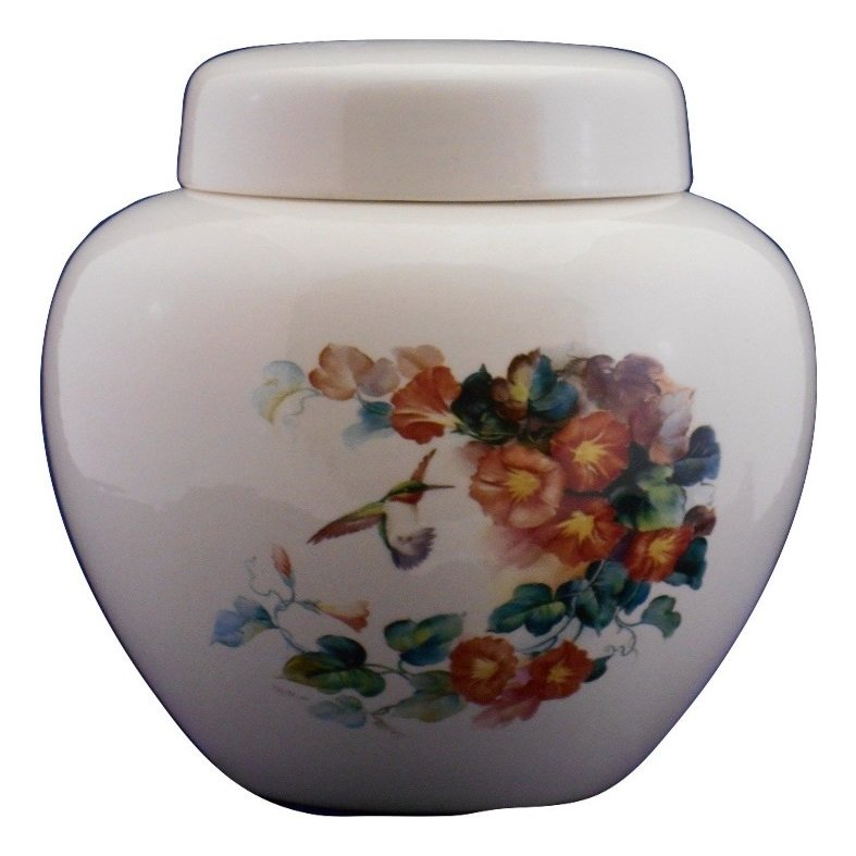 Hummingbird with Orange Trumpet Vine - Flower Funeral Urn - Cremation Urn for Human Ashes - Hand Made Pottery
