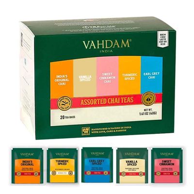 VAHDAM, Assorted Chai Tea Bags Sampler (5 Flavors, 20 Ecofriendly Pyramid Teabags) I Valentines Day Gifts for Him & Her | Masala Chai Teas Varieties from India | Gluten Free & Non GMO