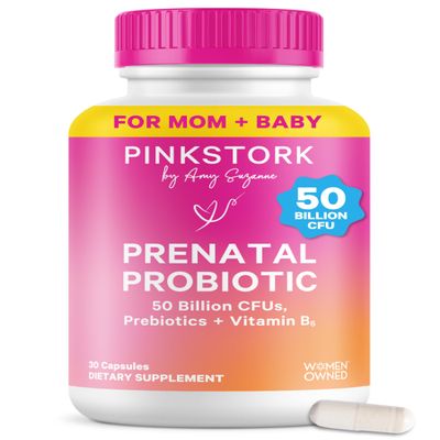 Pink Stork Prenatal Probiotic for Women with 50 Billion CFU | Vitamin B6 & Prebiotics | Pregnancy Probiotics for Morning Sickness | Digestive, Immune, & Gut Health | Vegan & Gluten-Free | 30 Capsules