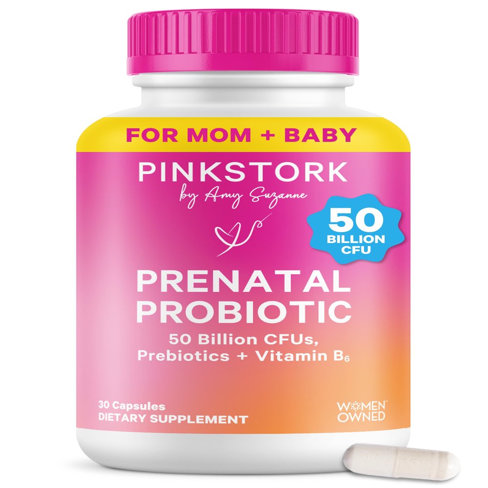 Pink Stork Prenatal Probiotic for Women with 50 Billion CFU | Vitamin B6 & Prebiotics | Pregnancy Probiotics for Morning Sickness | Digestive, Immune, & Gut Health | Vegan & Gluten-Free | 30 Capsules