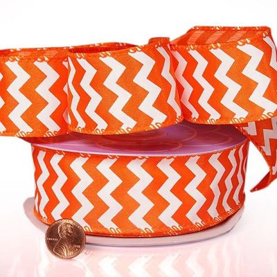 1 1/2" X 20 Yards Orange Chevron Satin Wired Ribbon