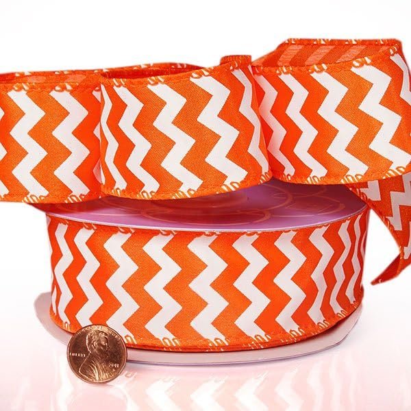 1 1/2" X 20 Yards Orange Chevron Satin Wired Ribbon