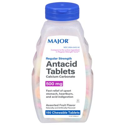 Major Regular Strength Antacid Tablets - Calcium Carbonate 500 mg - Assorted Fruit Flavor - 150 Chewable Count (1 Pack)