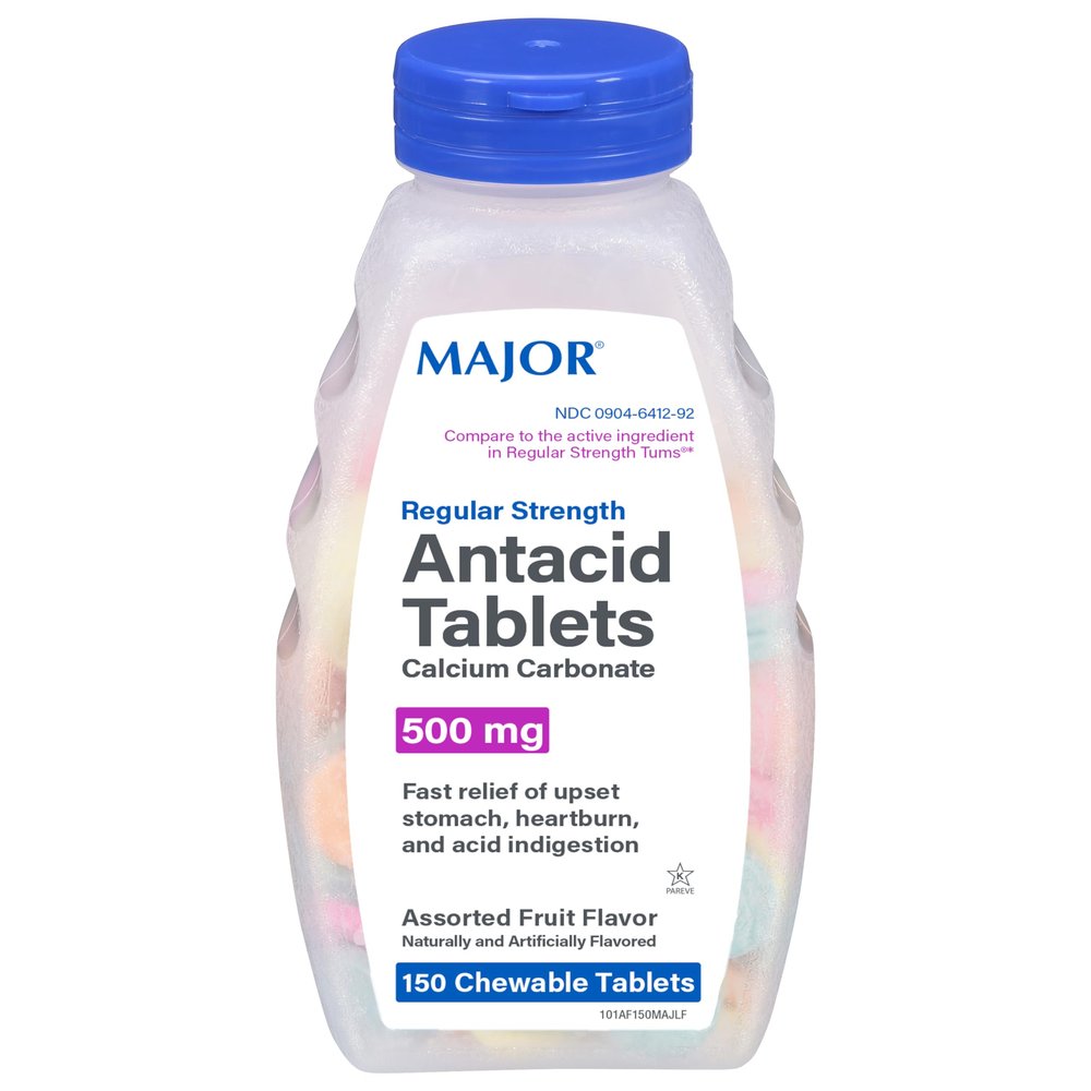 Major Regular Strength Antacid Tablets - Calcium Carbonate 500 mg - Assorted Fruit Flavor - 150 Chewable Count (1 Pack)