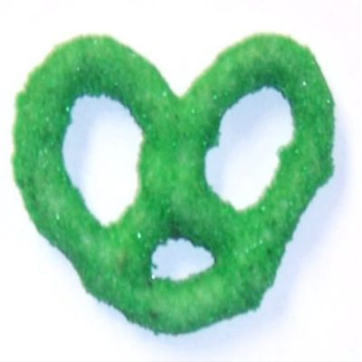 Scott's Cakes White Chocolate Covered Pretzels with Green Sugar in a 1 Pound Clear Cello Bag