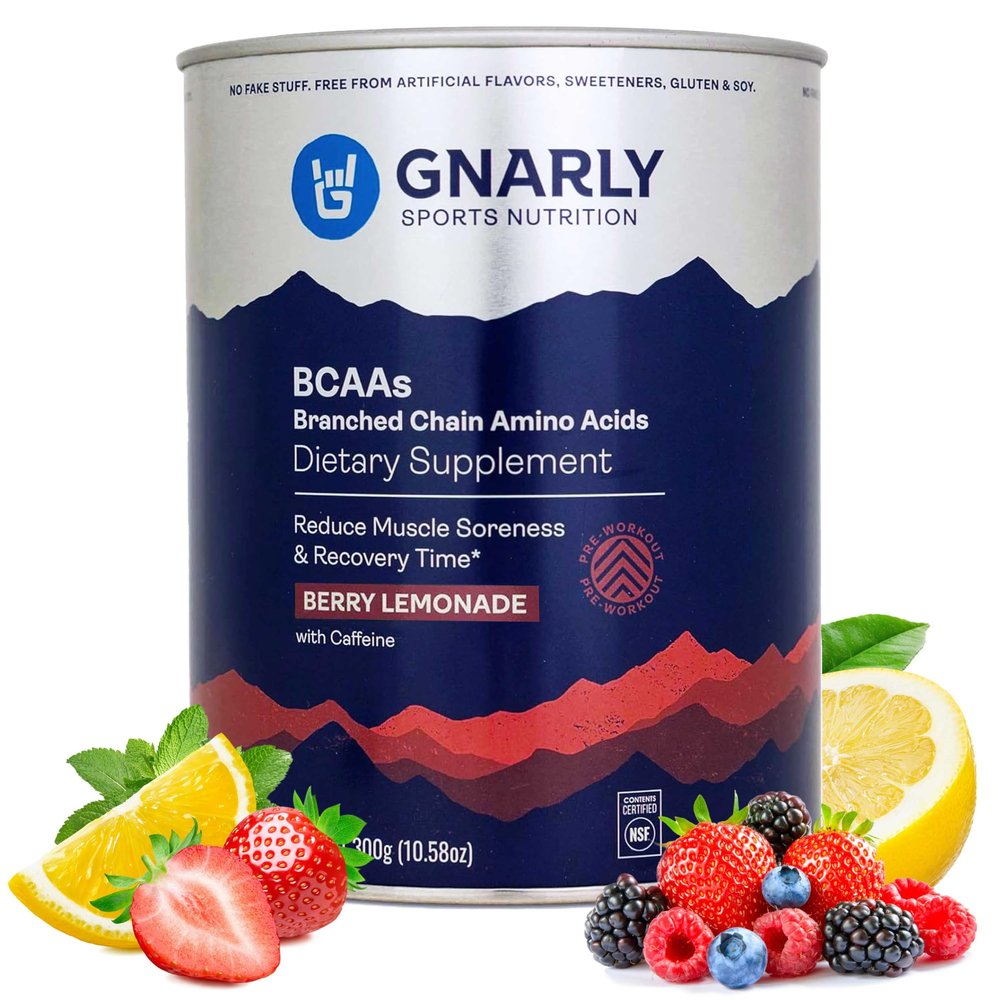 Gnarly Nutrition BCAA Powder, Berry Lemonade Pre-Workout BCAAS Amino Acids NSF Sport Certified Supplement to Support and Rebuild Muscle Berry Lemonade with Caffeine, 10.58 oz