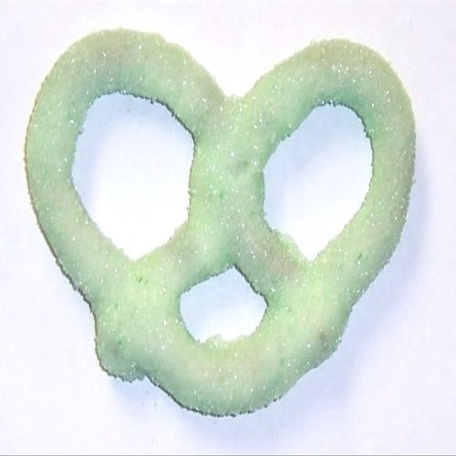 Scott's Cakes White Chocolate Covered Pretzels with Lite Green Sugar in a 1 Pound Clear Cello Bag