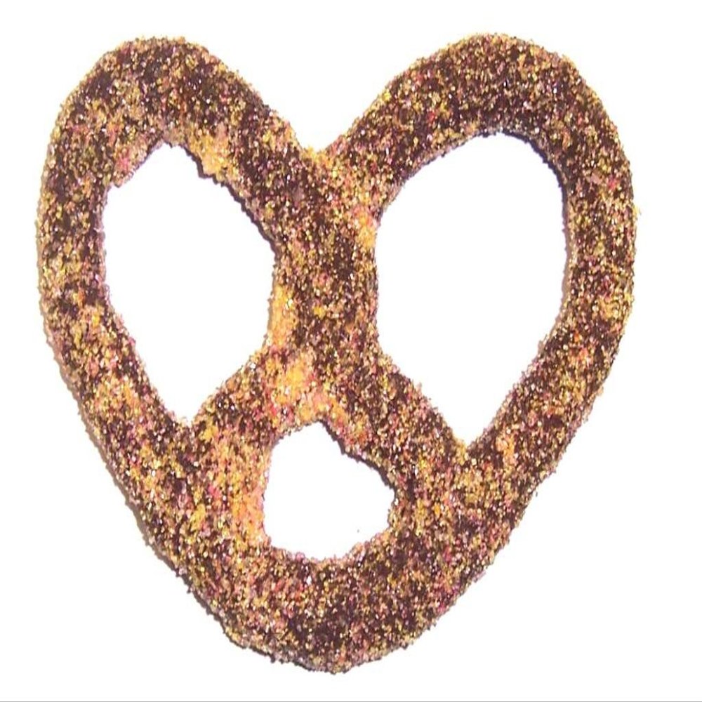 Scott's Cakes Dark Chocolate Covered Pretzels with Yellow and Pink Sugar in a 6 Pound Dark Bakery Box