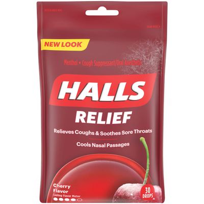 HALLS Cherry Flavor Cough DropsIncludes one 30 ct. bag of HALLS Cherry Flavor Cough Drops.