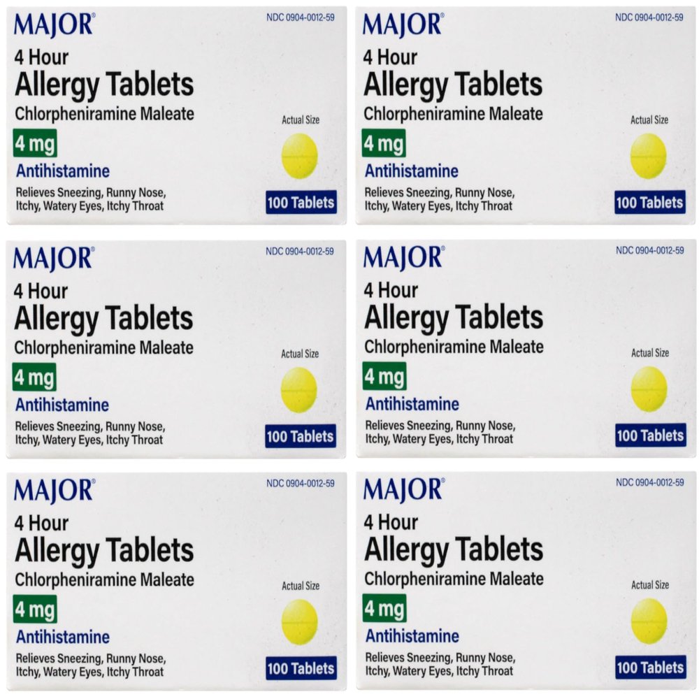 [6 Pack] Anti-Allergy Antihistamine Chlorpheniramine Maleate 4 Mg Generic for Chlor-trimeton Allergy 100 Tablets Per Bottle 6 Pack Total 600 Tablets