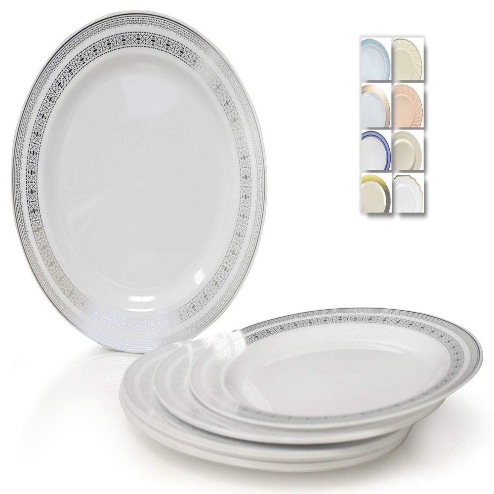 " OCCASIONS " 120 Plates Pack, Heavyweight Disposable Wedding Party Plastic Plates (10.5'' Dinner Plate, Lace in White & Silver)