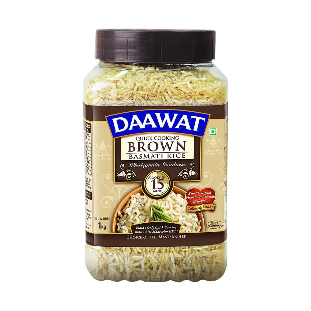 Daawat Brown Basmati Rice | Whole Grain Long-Grain Rice | Naturally Aged & Aromatic | Healthy Everyday Rice, Jar Pack, 1 kg (2.2 lb)