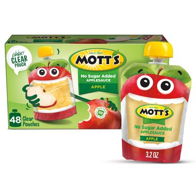 Mott's No Sugar Added Applesauce, 3.2 Oz Clear Pouches, 48 Count (4 Packs Of 12), Good Source Of Vitamin C, No Artificial Flavors