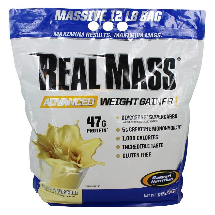 Gaspari Nutrition Real Mass: Advanced Weight Gainer, Protein and Complex Carb Blend, 50g Protein, 16g EAAs, Gluten-Free, 12 lbs (Vanilla Milkshake)