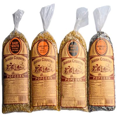 Amish Country Popcorn | 4-1lb Bags | Variety Pack | 1 lb each (Baby White - Medium White - Ladyfinger and Midnight Blue Popcorn Kernels) | Old Fashioned, Non-GMO and Gluten Free (4-1lb Bags)