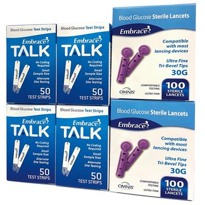 200 Embrace Talk Blood Glucose Test Strips Includes 200 30g Lancets