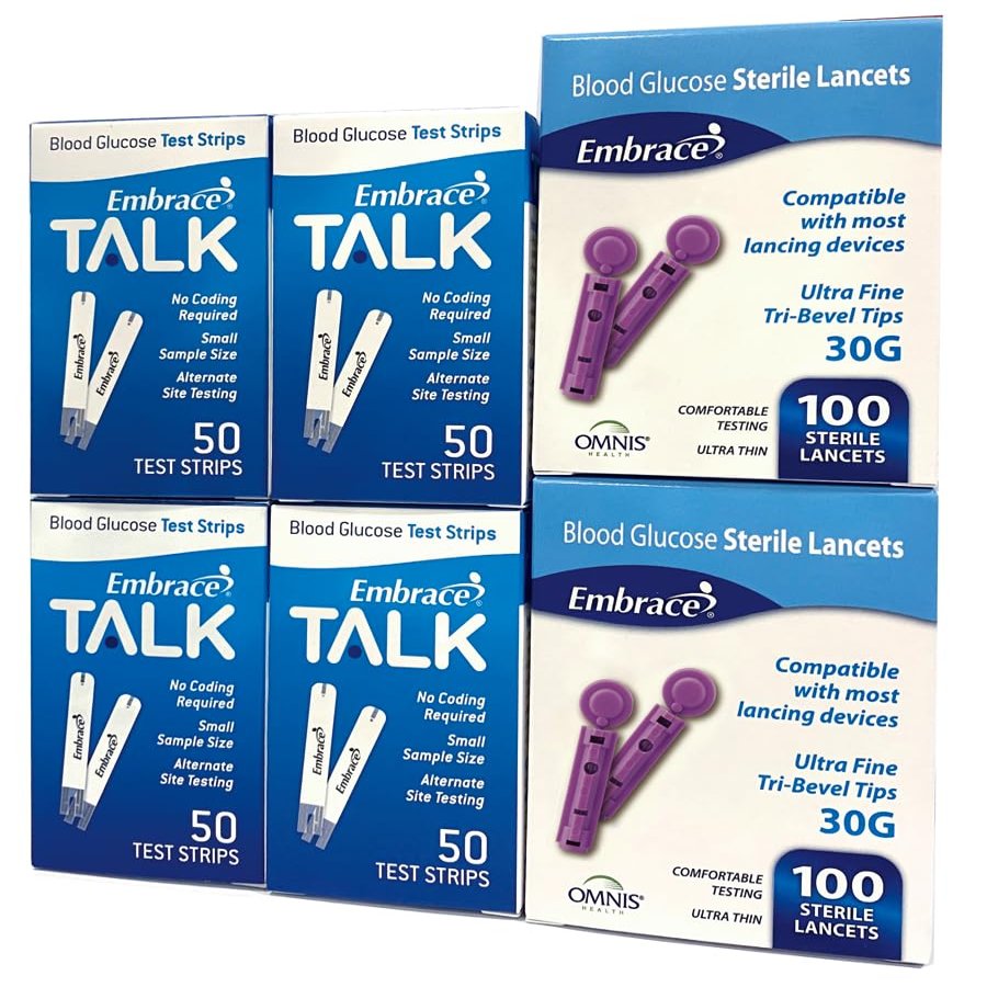 200 Embrace Talk Blood Glucose Test Strips Includes 200 30g Lancets