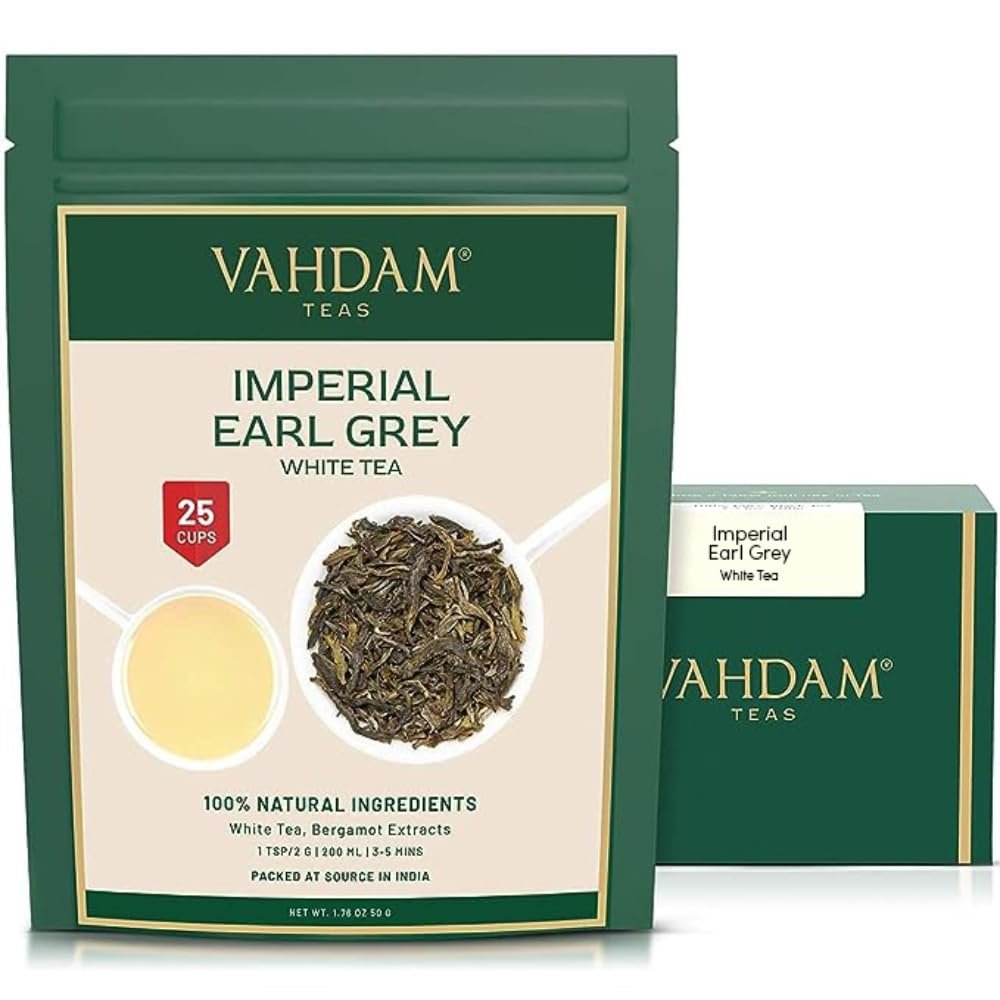 VAHDAM, Earl Grey Imperial White Tea Loose Leaf (25 Cups/1.76oz) Natural Ingredients - White Tea Leaves + Loose Leaf Earl Grey Tea | Brew as Hot Tea or Iced Tea