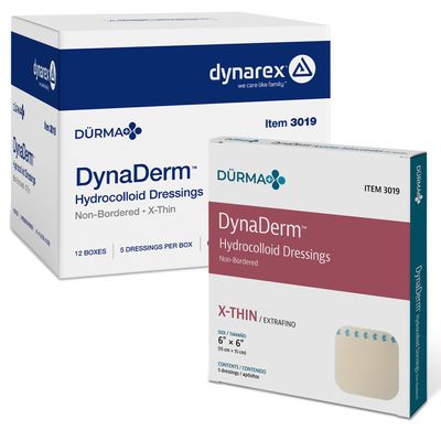 Dynarex DynaDerm Hydrocolloid Dressings, Sterile Moist Bandages Used for All Kinds of Wounds, 6" x 6," Extra Thin & Latex-Free, Peel-Down Patches, 1 Case - 12 Boxes of 5 Dressings (Packaging May Vary)