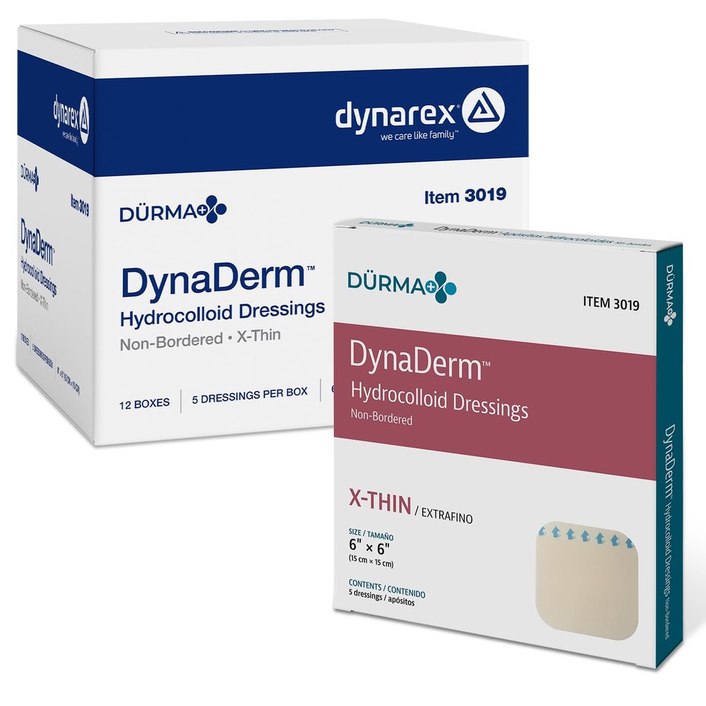 Dynarex DynaDerm Hydrocolloid Dressings, Sterile Moist Bandages Used for All Kinds of Wounds, 6" x 6," Extra Thin & Latex-Free, Peel-Down Patches, 1 Case - 12 Boxes of 5 Dressings (Packaging May Vary)