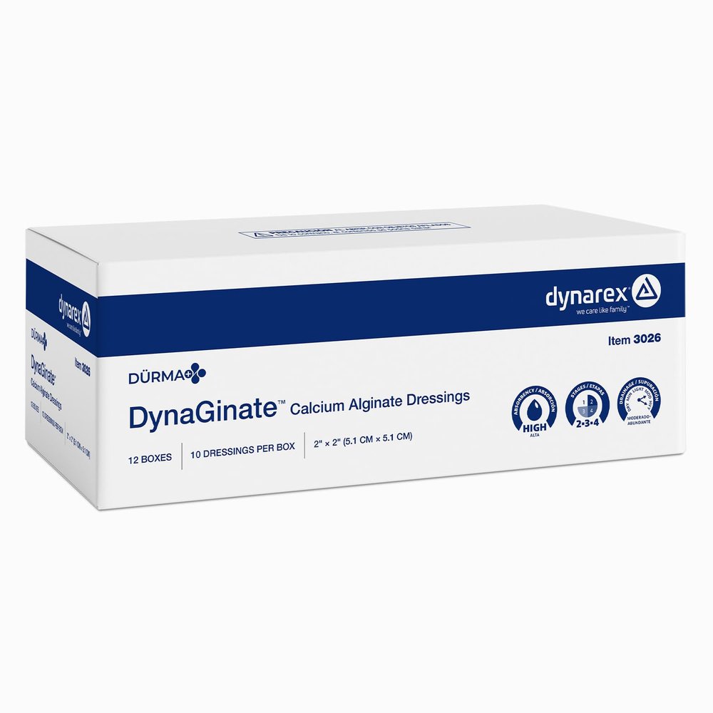 Dynarex Drma+ DynaGinate Calcium Alginate Dressing, Super Absorbent Wound Dressing, Soft Gel for Moist Healing, 2" x 2", 10 per Box, 12 Boxes per Case