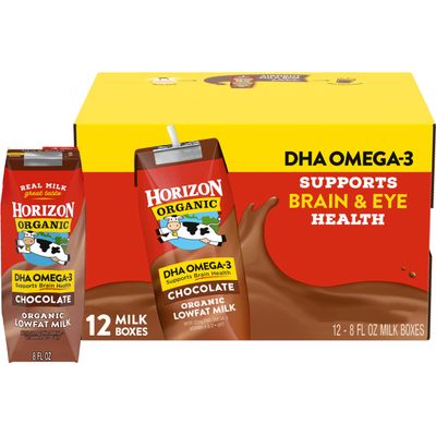 Horizon Organic Shelf Stable 1% Lowfat DHA Omega-3 Chocolate Milk Boxes, 8 fl oz, 12 Count - 8g Protein per Serving, USDA Organic UHT from Pasture-Raised Cows, Ready to Drink for Lunchbox, Travel, or On-the-Go, No Refrigeration Needed