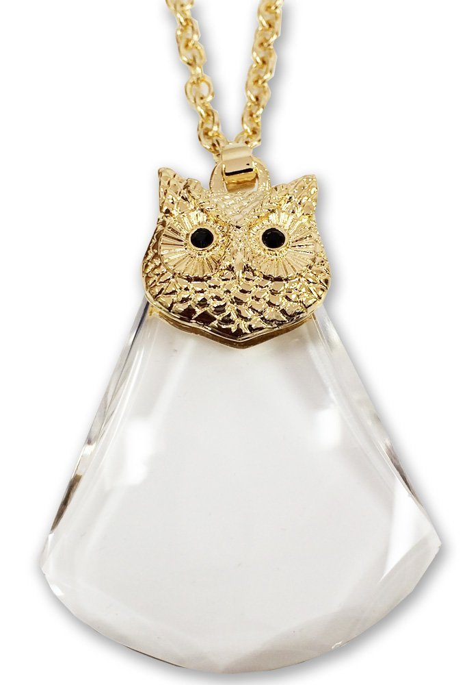 MAXIMIZE Owl Head Magnifier Pendant | 2X Lens | 2.25" x 1.5" Design | Elegant Golden Design with Black Stone Eyes | 30" (76.2 cm) Golden Chain | Includes Storage Pouch
