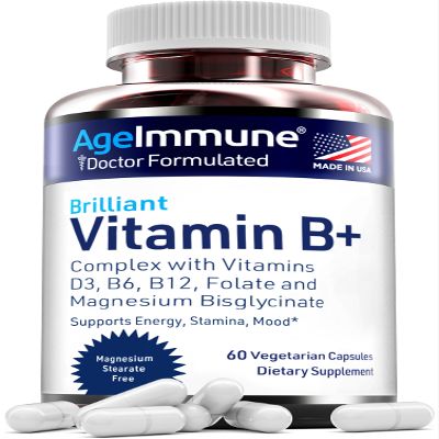 AgeImmune Vitamin B Complex with Vitamin D3 B12 B6 Magnesium Bisglycinate and Folate as Methylfolate - Doctor Formulated Methylated B Complex Supplement  60 Capsules - Without Niacin