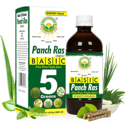 BASIC AYURVEDA Panch Green Ras | 16.23 Fl Oz (480ml) | 5 in 1 Organic | Natural Blend of Wheatgrass, Holy Basil, Aloe Vera, Giloy, & Neem Leaf