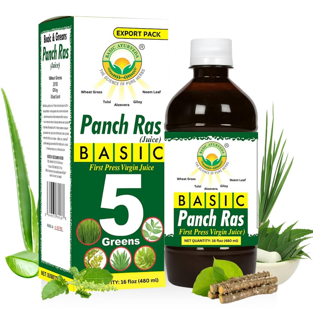BASIC AYURVEDA Panch Green Ras | 16.23 Fl Oz (480ml) | 5 in 1 Organic | Natural Blend of Wheatgrass, Holy Basil, Aloe Vera, Giloy, & Neem Leaf