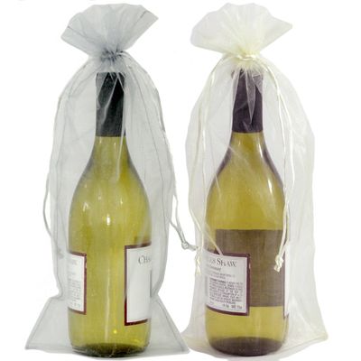 20 Designer Wine Organza Fabric Gift Bags Party Gift Bags Large 15" by 6.5" in Silver & Beige