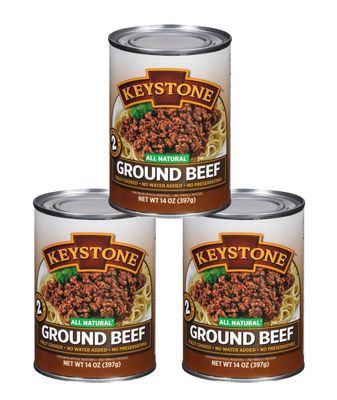 Keystone Meats All Natural Heat and Serve Ground Beef 14 oz  Fully Cooked Canned Meat  Ready to Eat  5-Year Shelf Life  Pantry Staple for Everyday Meals, Emergency Survival Canned Food  Made in USA  Pack of 3