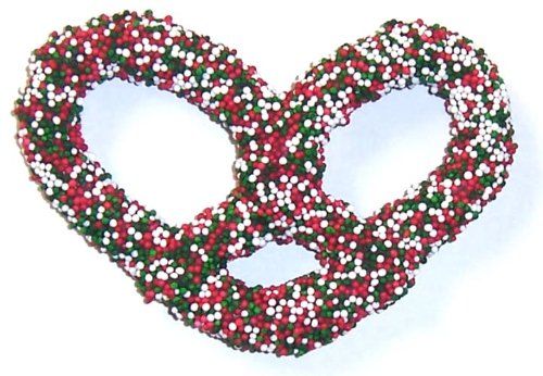 Scott's Cakes Dark Chocolate Covered Pretzels with Christmas Non-Pareils in a 1 Pound Clear Cello Bag