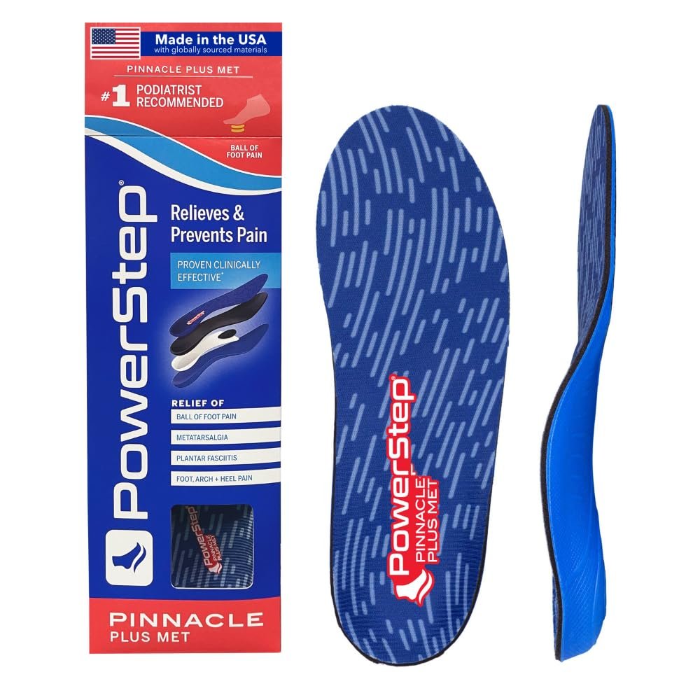 PowerStep Pinnacle Plus Met, Ball of Foot Pain Relief Orthotics, Shoe Inserts, Metatarsalgia, Arch Support, Morton's Neuroma Pain Relief, Shoe Insoles, Metatarsal Pad, Made in USA (M 5-5.5, W 7-7.5)