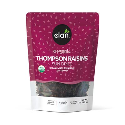 Elan Organic Sun-Dried Thompson Raisins, 7.9 oz, Dried Fruits, No Added Sugar, Non-GMO, Vegan, Gluten-Free, Kosher, Healthy Snacks, Naturally Sweet Snack
